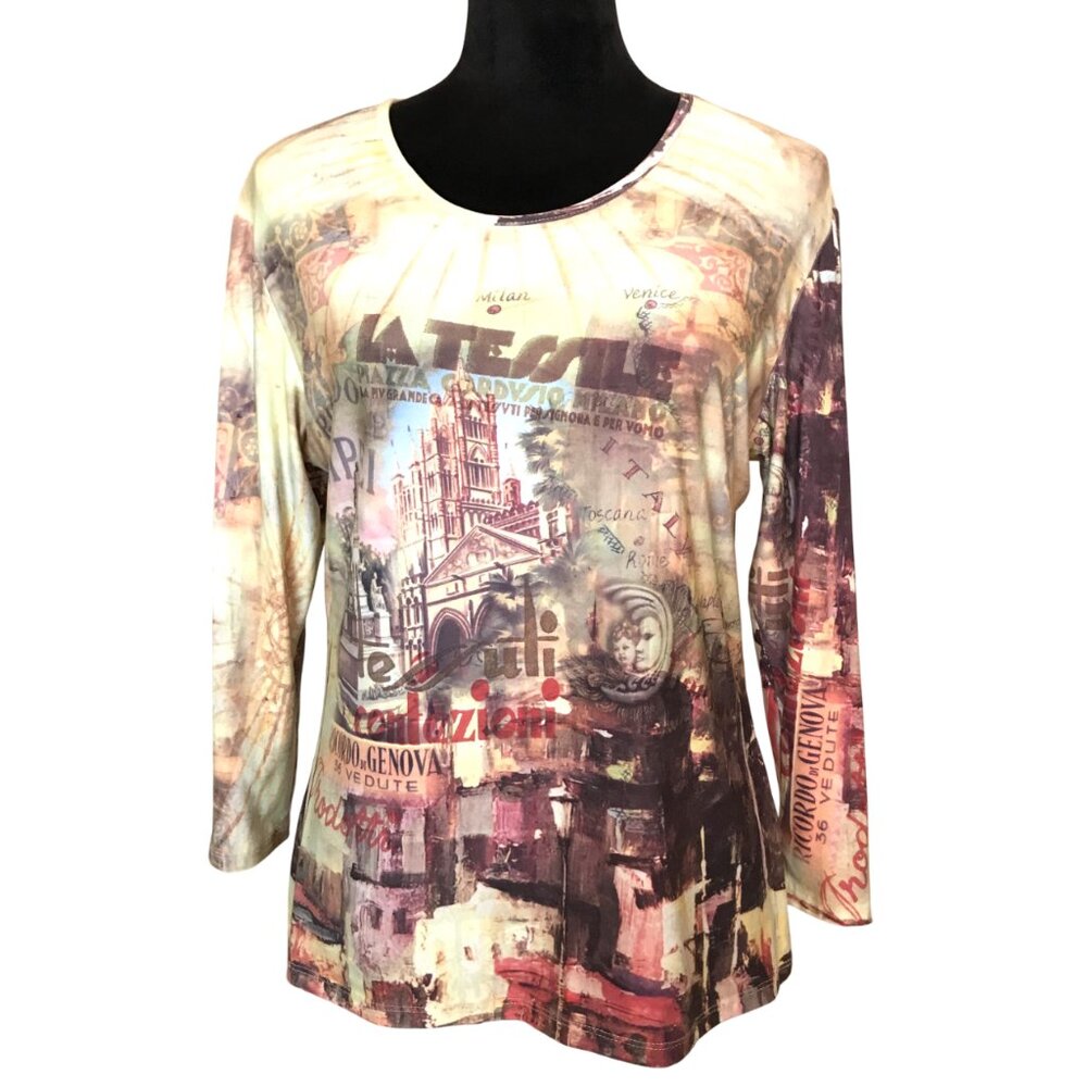 VTG Caia Artsy Retro Shirt, Y2K All Over Print Top Italy, 3/4 Sleeves, Size L